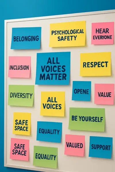 Word cloud illustration of inclusive workplace values like Belonging, Psychological Safety, Diversity, and Equality, emphasizing a supportive and respectful environment for all voice